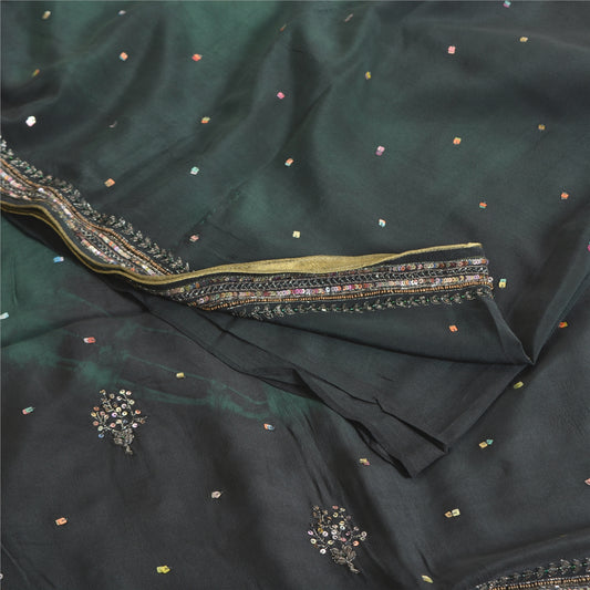 Sanskriti Vintage Sarees Black/Green Tie-Dye Hand Beaded Pure Crepe Sari Fabric