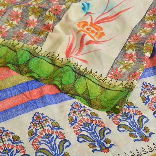 Sanskriti Vintage Sarees Multicolor Pure Crepe Silk Print Sari 5yd Craft Sustainable Fabric
