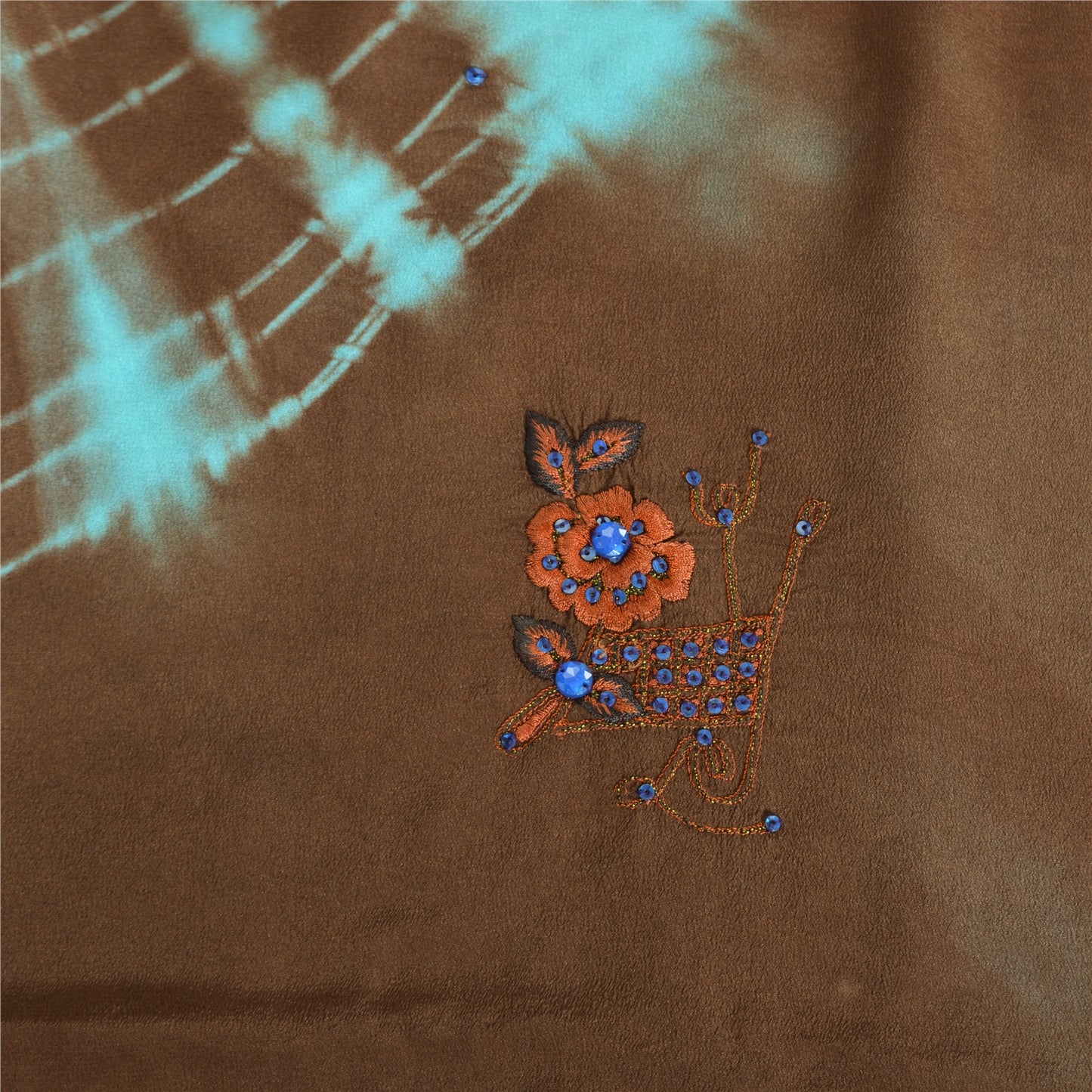 Sanskriti Vintage Sarees Indisk Brun Tie-Dye Håndperlet Ren Crepe Sari Bæredygtigt Stof