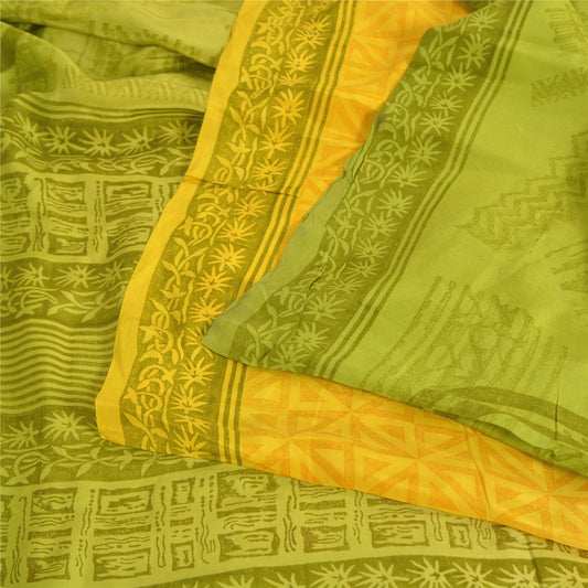 Sanskriti Vintage Sarees Yellow/Green Pure Crepe Silk Printed Sari 5yd Sustainable Fabric