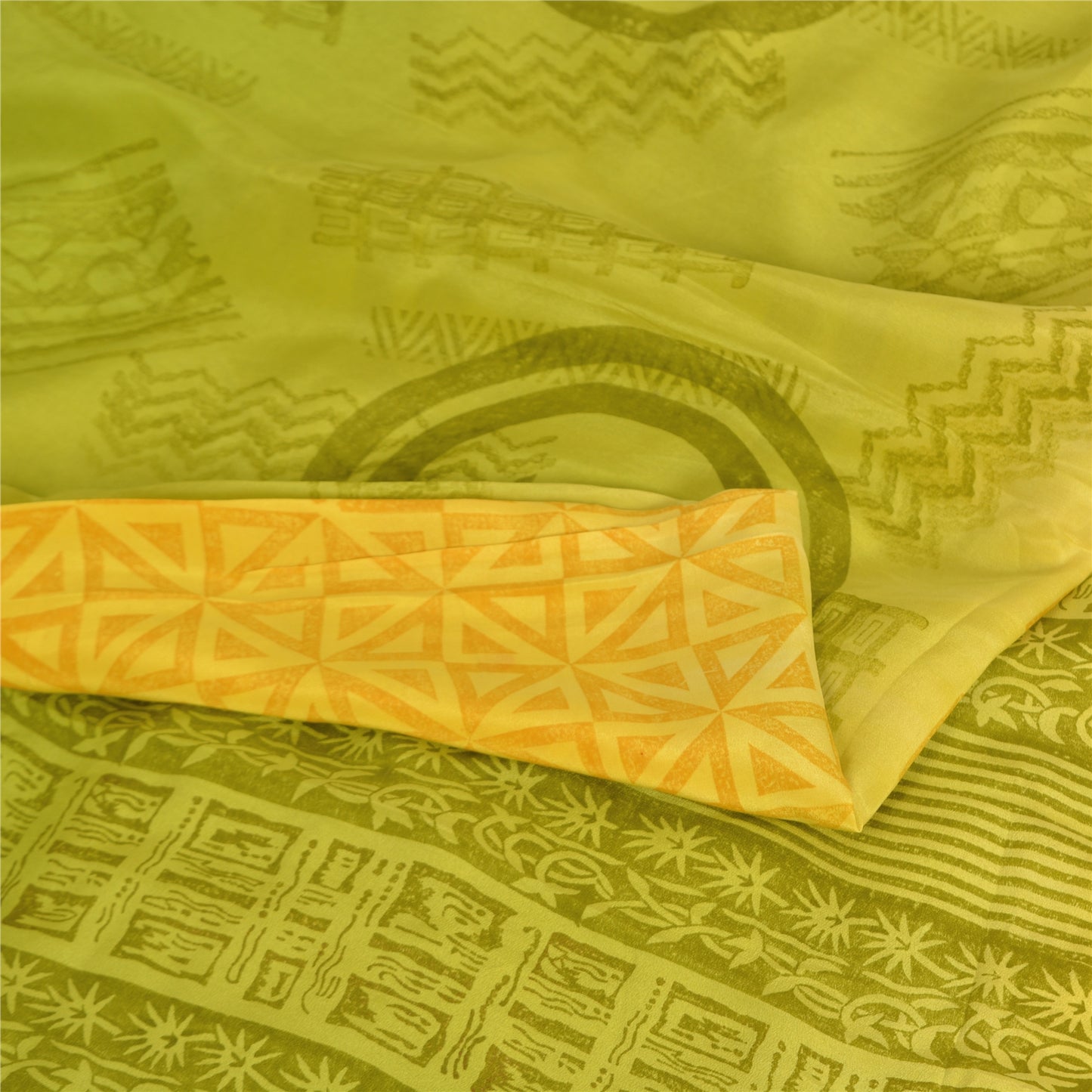 Sanskriti Vintage Sarees Yellow/Green Pure Crepe Silk Printed Sari 5yd Sustainable Fabric