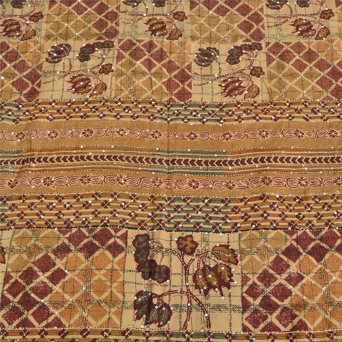 Sanskriti Vintage Sarees Multi Pure Crepe Hand Beaded Kantha Printed Sari Sustainable Fabric