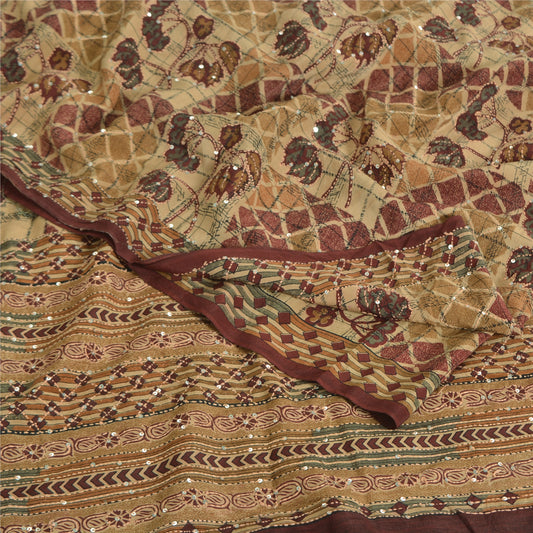 Sanskriti Vintage Sarees Multi Pure Crepe Hand Beaded Kantha Printed Sari Sustainable Fabric