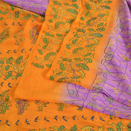 Sanskriti Vintage Sarees Purple/Yellow Pure Crepe Printed Sari 5yd Craft Sustainable Fabric