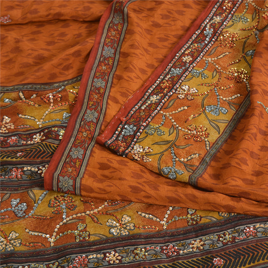 Sanskriti Vintage Sarees Saffron Pure Crepe Hand Embroidered Printed Sari Sustainable Fabric