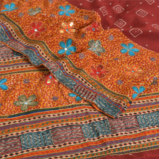 Sanskriti Vintage Sarees Red/Orange Hand Embroidery Print Pure Crepe Sari Sustainable Fabric