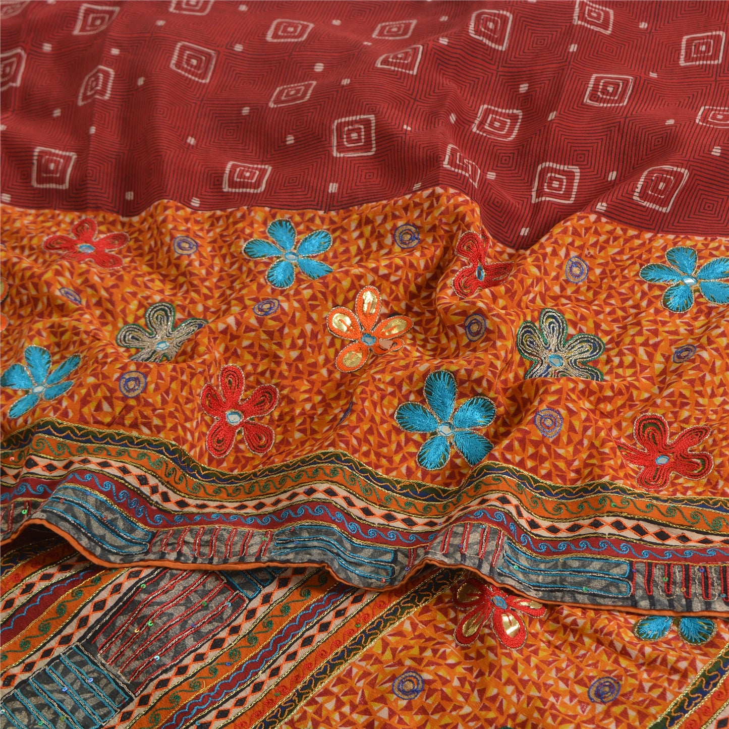 Sanskriti Vintage Sarees Red/Orange Hand Embroidery Print Pure Crepe Sari Sustainable Fabric