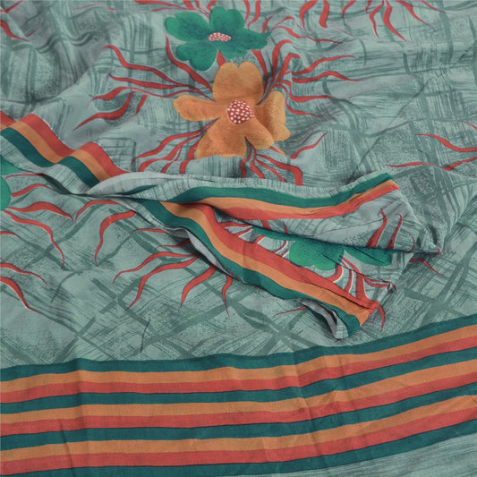 Sanskriti Vintage Sarees Dusty Green Pure Crepe Silk Print Sari 5yd Craft Sustainable Fabric