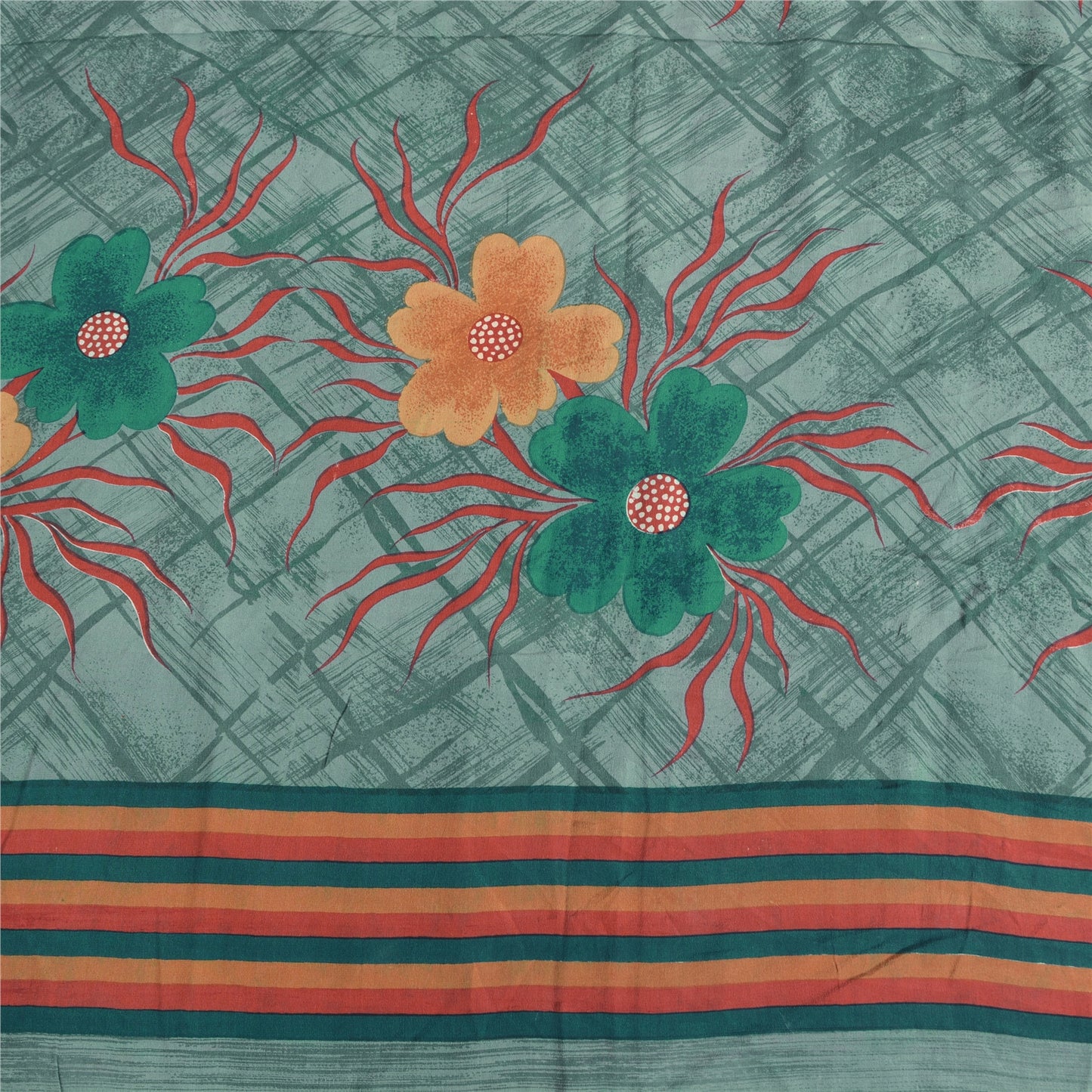 Сари Sanskriti Vintage Sarees Dusty Green Pure Crepe Silk Print Sari 5yd Craft Sustainable Fabric