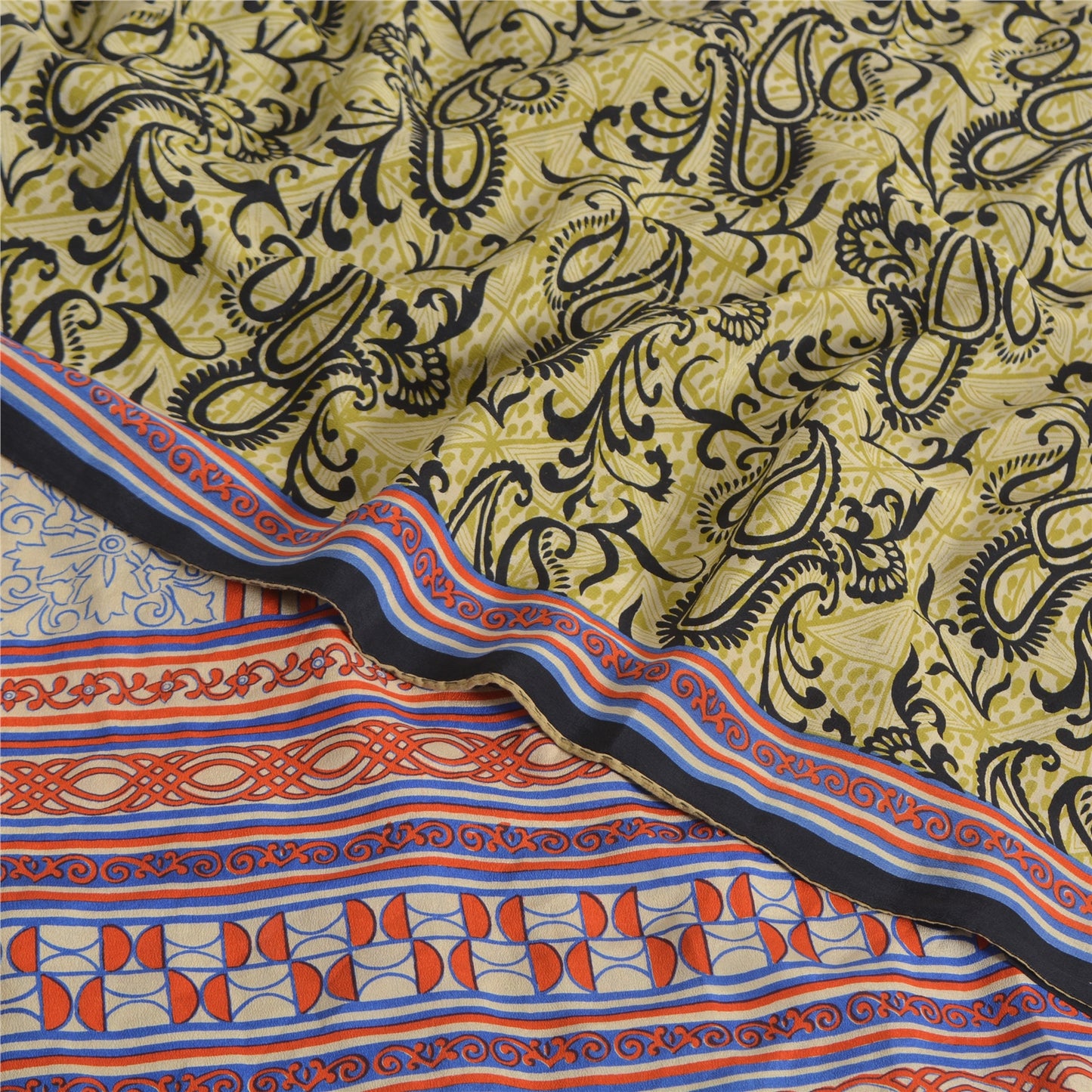 Sanskriti Vintage Sarees Green Pure Crepe Silk Printed Sari 5yd Craft Sustainable Fabric