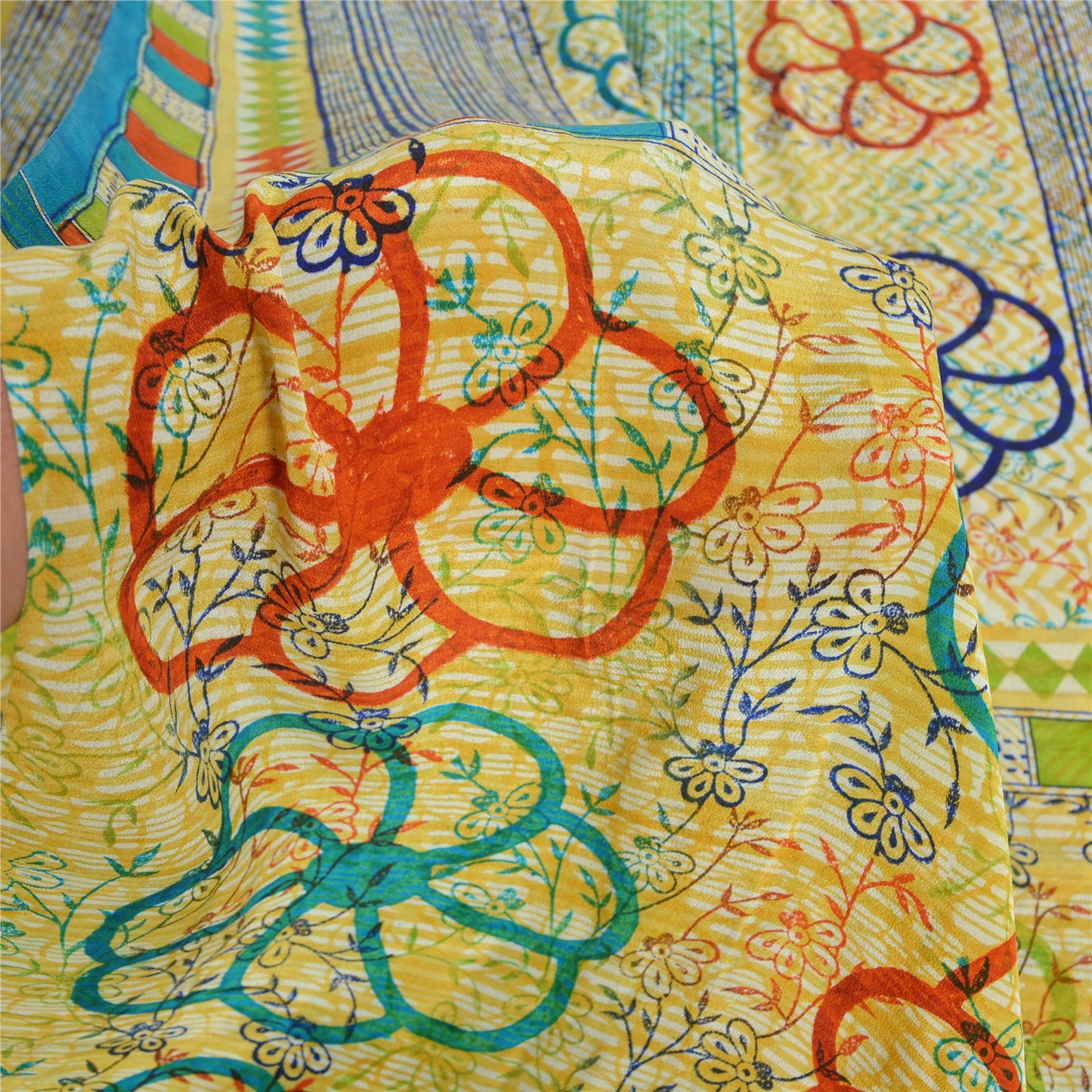 Sanskriti Vintage Sarees Multi Pure Crepe Silk Printed Sari 5yd Craft Sustainable Fabric