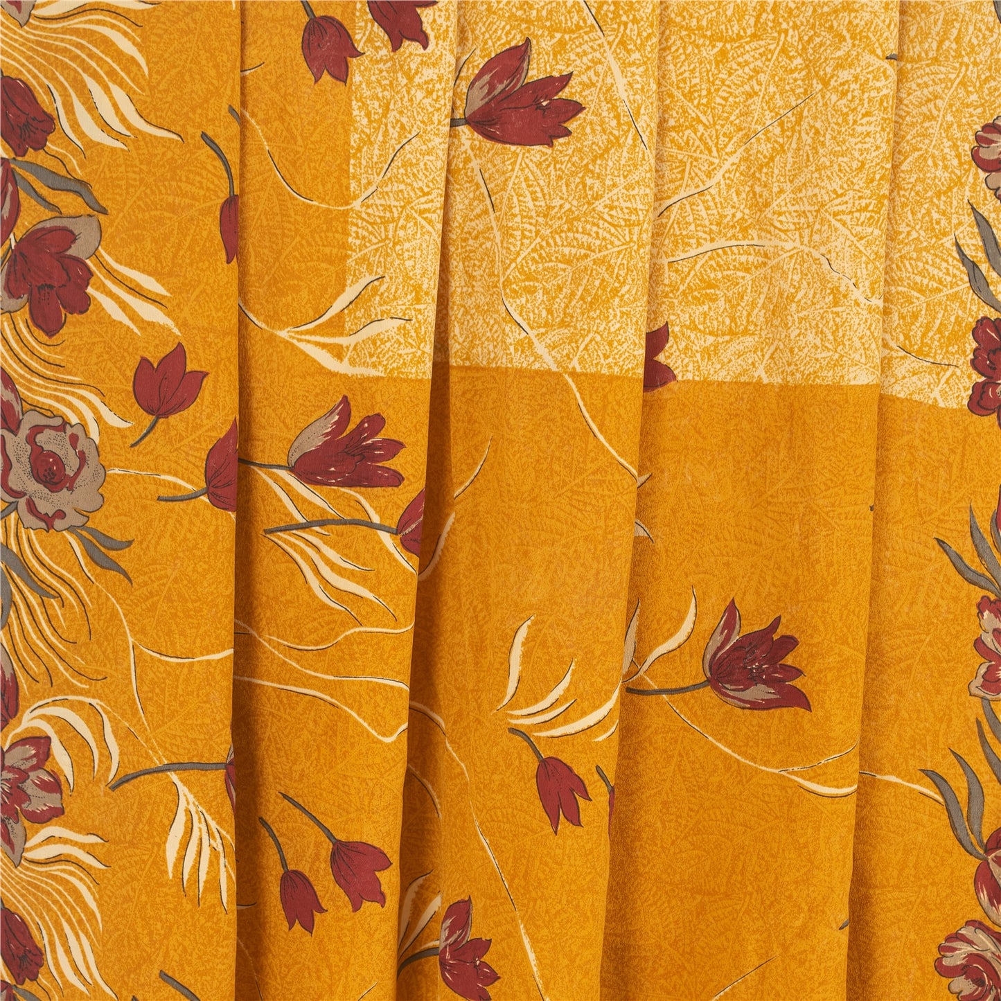 Sanskriti Vintage Sarees Pure Crepe Yellow/Saffron Printed Sari 5yd Craft Fabric