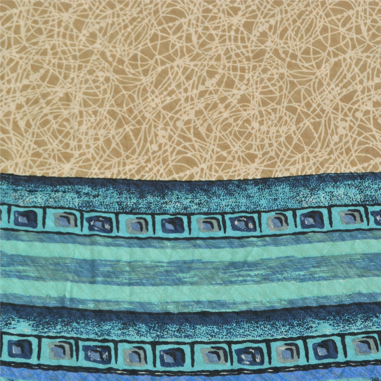 Sanskriti Vintage Sarees Blue/Cream Pure Crepe Silk Print Sari 5yd Craft Sustainable Fabric