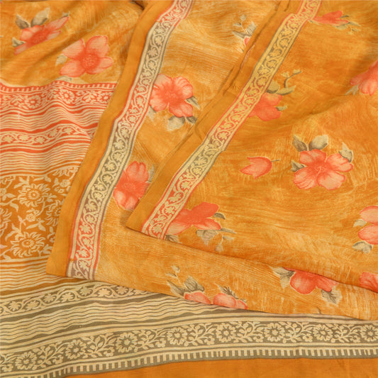 Sanskriti Vintage Sarees Yellow Pure Crepe Silk Printed Sari 5yd Craft Sustainable Fabric