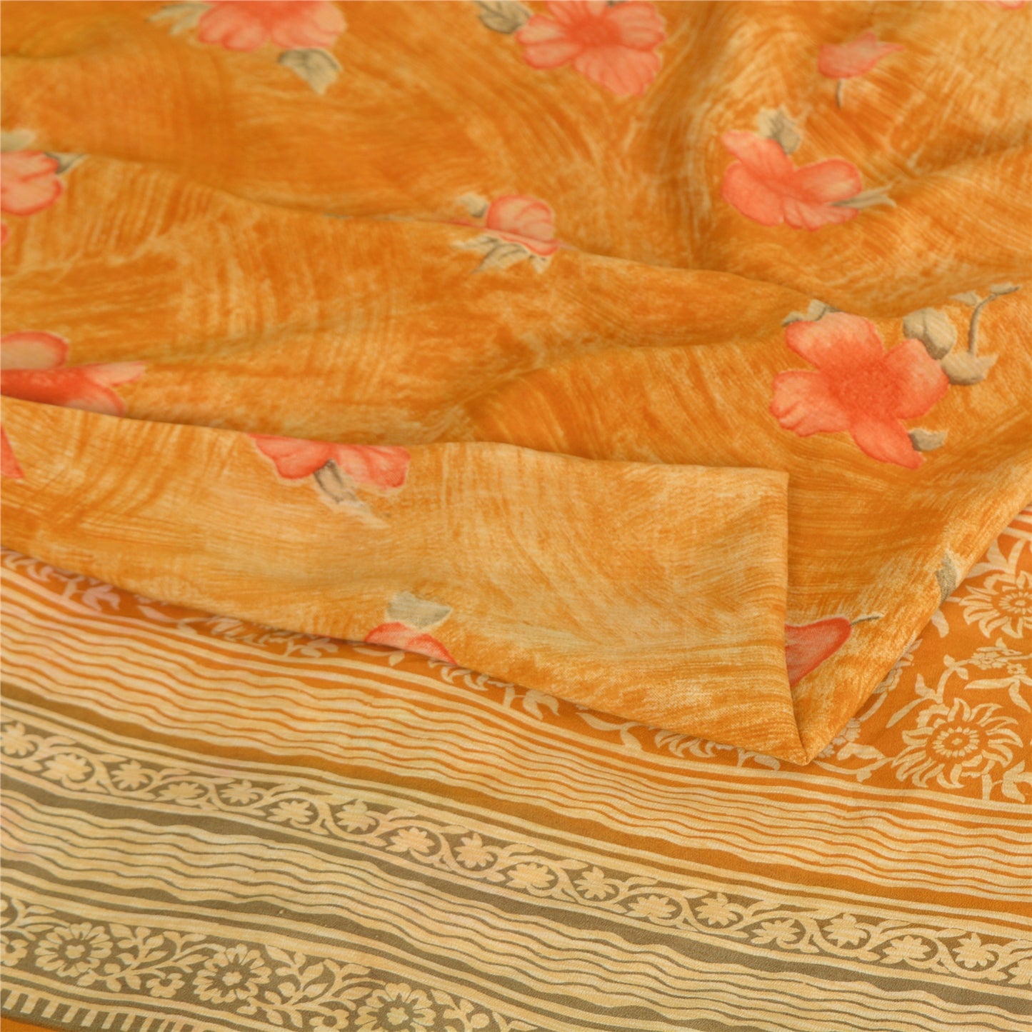 Sanskriti Vintage Sarees Yellow Pure Crepe Silk Printed Sari 5yd Craft Sustainable Fabric