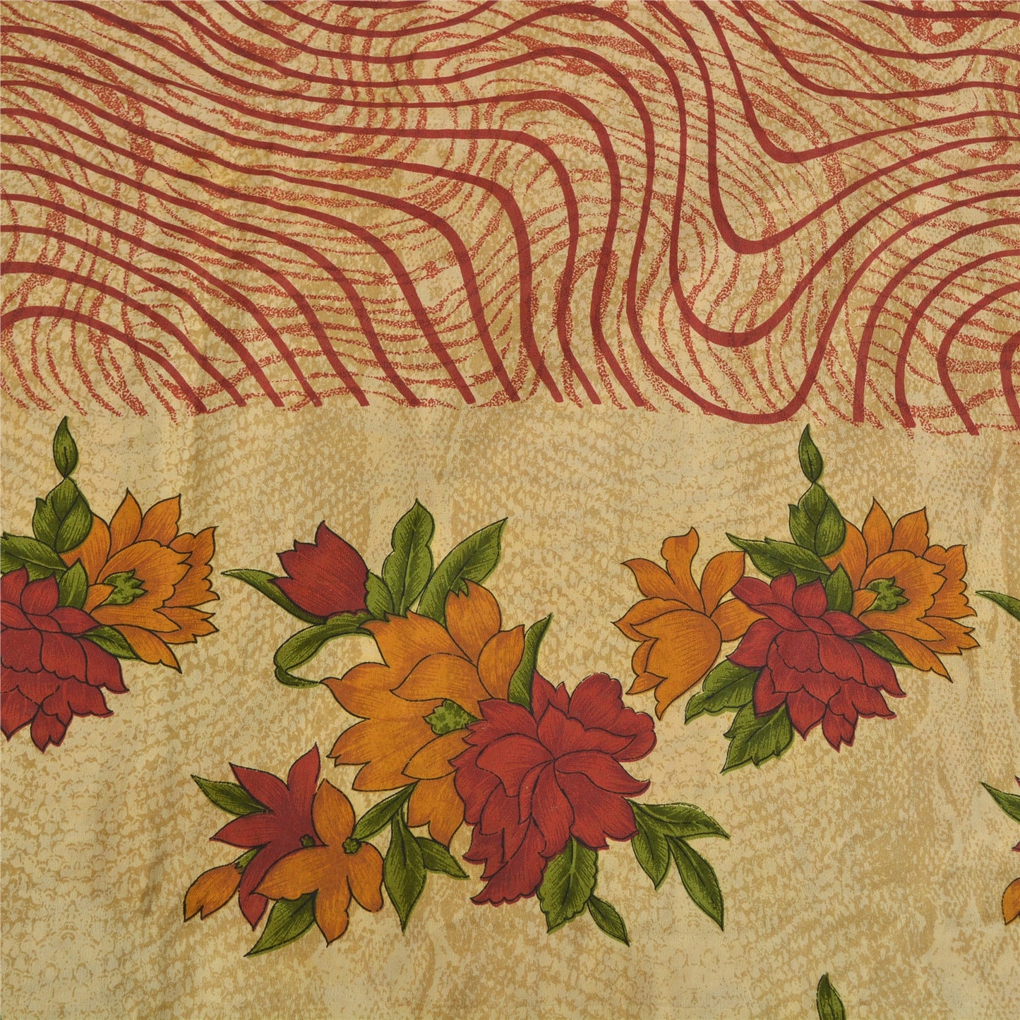 Sanskriti Vintage Sarier Creme/Rød Ren Crepe Silke Trykt Sari 5 m Håndværksmæssigt Bæredygtigt Stoff