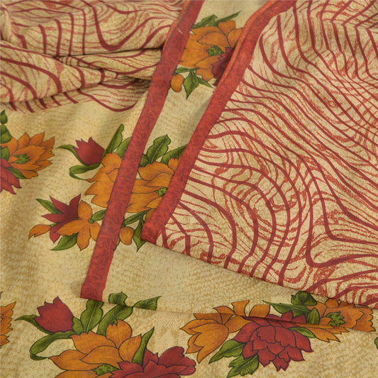 Sanskriti Vintage Sarees Cream/Red Pure Crepe Silk Printed Sari 5yd Craft Sustainable Fabric