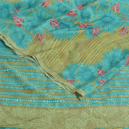 Sanskriti Vintage Sarees Blue/Green Pure Crepe Silk Print Sari 5yd Craft Sustainable Fabric