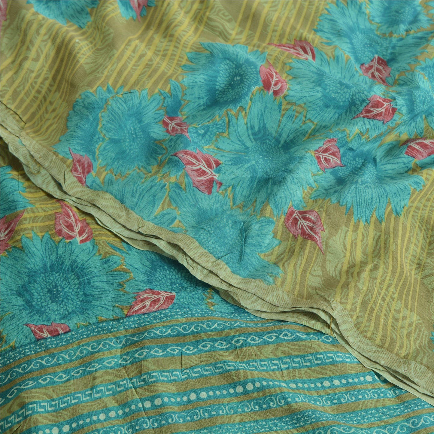 Sanskriti Vintage Sarees Blue/Green Pure Crepe Silk Print Sari 5yd Craft Sustainable Fabric