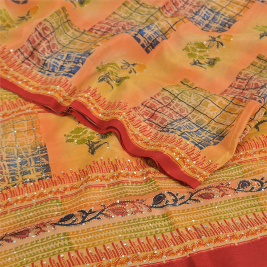 Sanskriti Vintage Sarees Pure Crepe Hand Beaded Kantha Printed Sari 5yd Sustainable Fabric