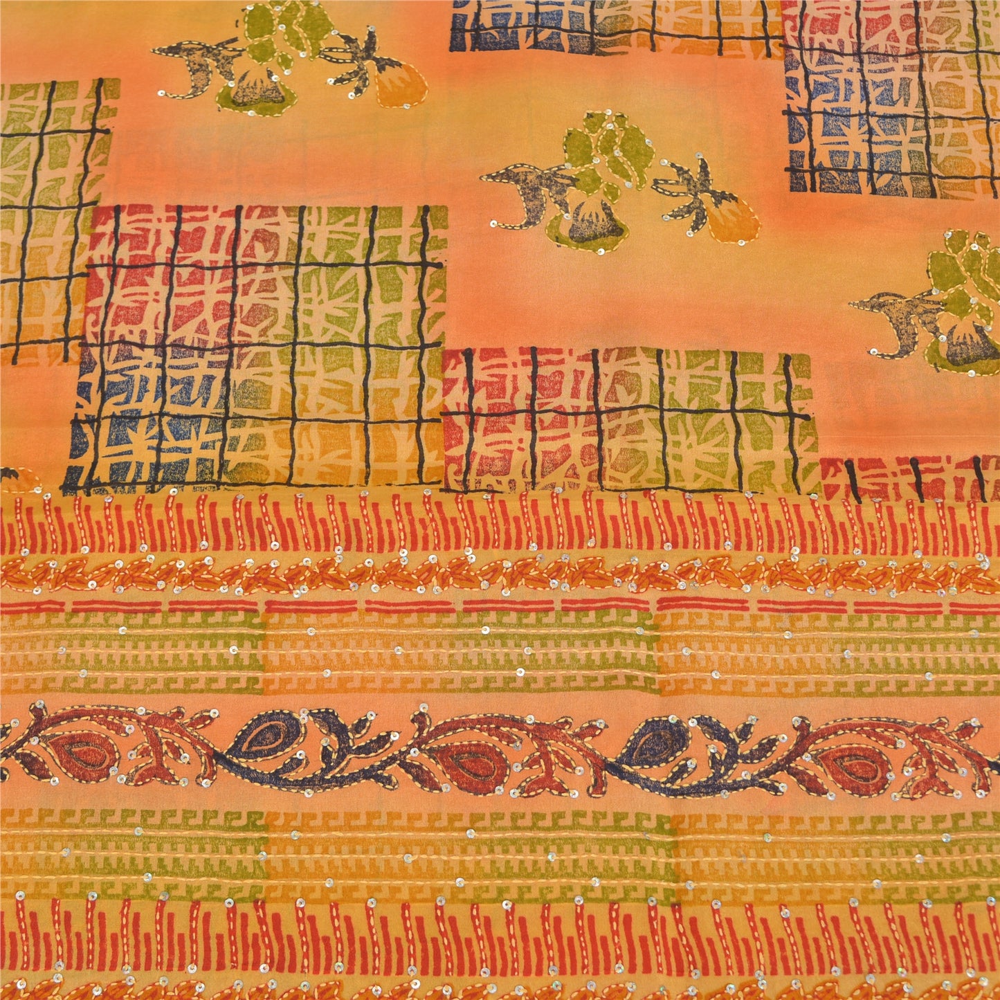 Sanskriti Vintage Sarees Pure Crepe Hand Beaded Kantha Printed Sari 5yd Sustainable Fabric