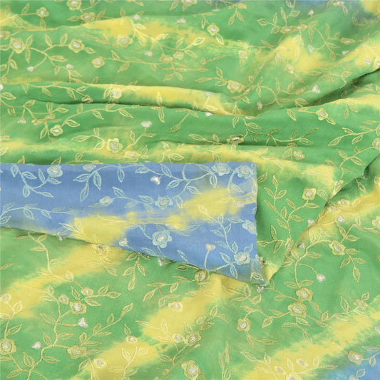 Sanskriti Vintage Sarees Green/Blue Tie-Dye Embroidered Pure Crepe Sari Sustainable Fabric