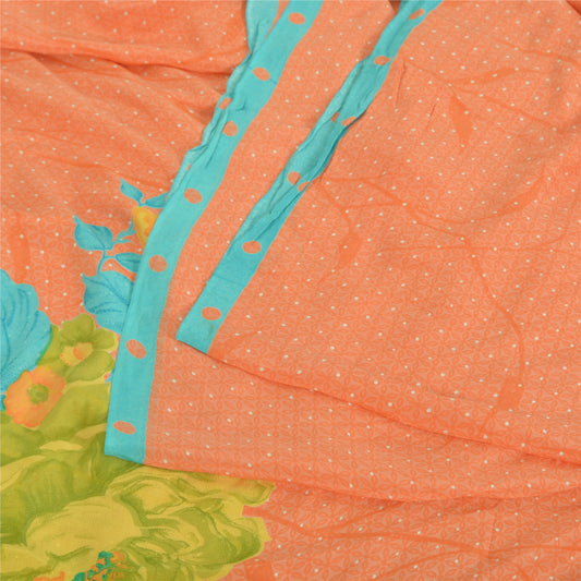 Sanskriti Vintage Sarees Orange Pure Crepe Silk Printed Sari 5yd Craft Sustainable Fabric