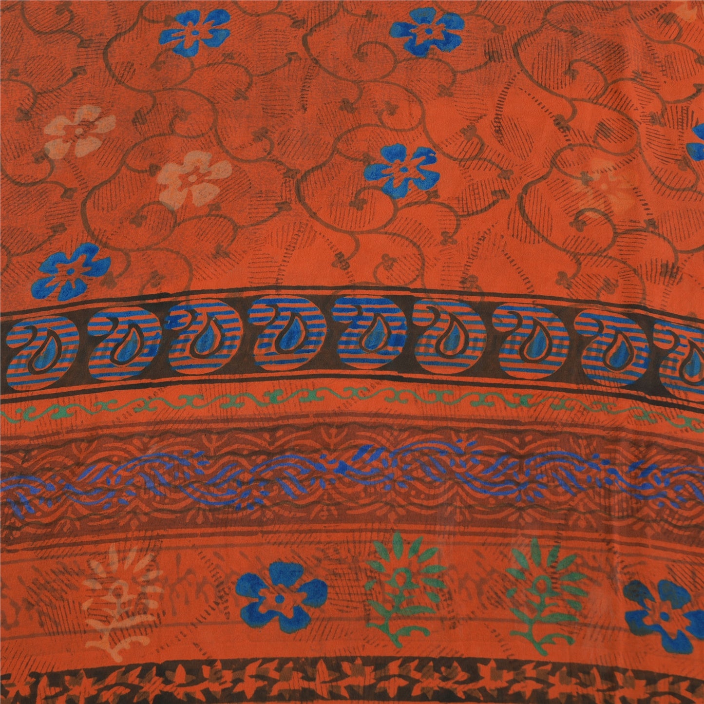Sanskriti Vintage Sarees Orange Pure Crepe Silk Printed Sari 5yd Craft Sustainable Fabric