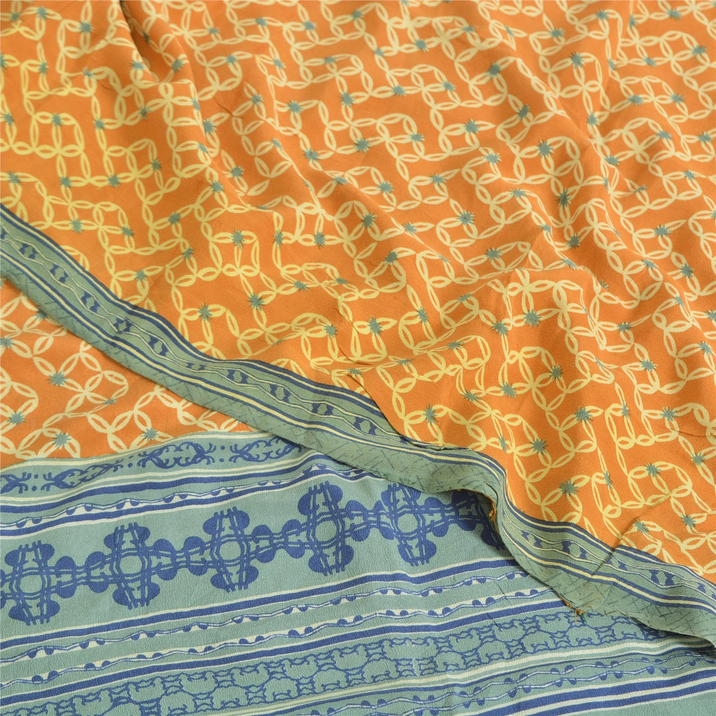 Sanskriti Vintage Sarees Mustard Pure Crepe Silk Printed Sari 5yd Craft Sustainable Fabric
