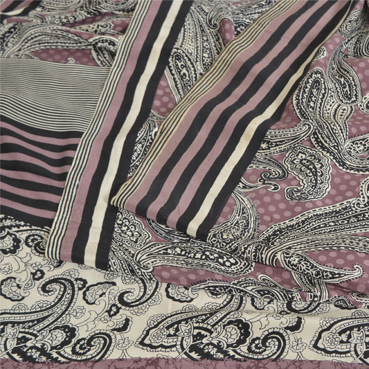 Sanskriti Vintage Sarees Mauve/Black Pure Crepe Silk Print Sari 5yd Craft Sustainable Fabric