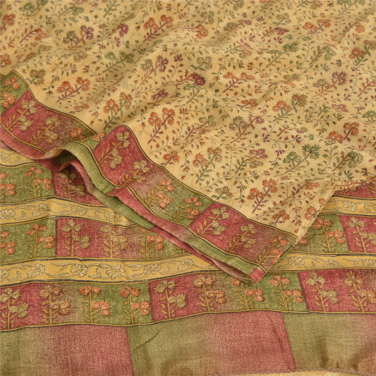 Sanskriti Vintage Sarees Cream Pure Crepe Silk Printed Sari 5yd Craft Sustainable Fabric
