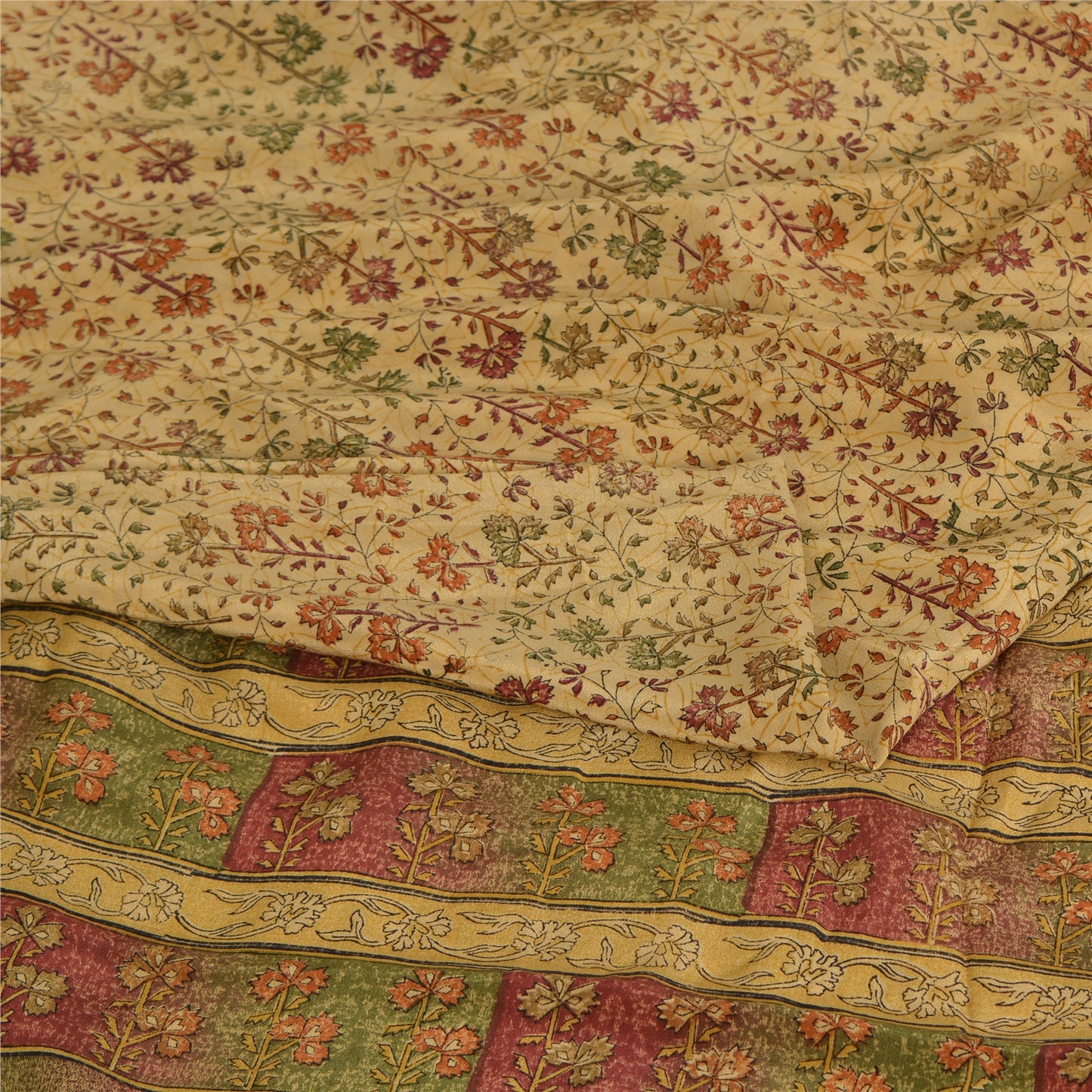 Sanskriti Vintage Sarees Cream Pure Crepe Silk Printed Sari 5yd Craft Sustainable Fabric