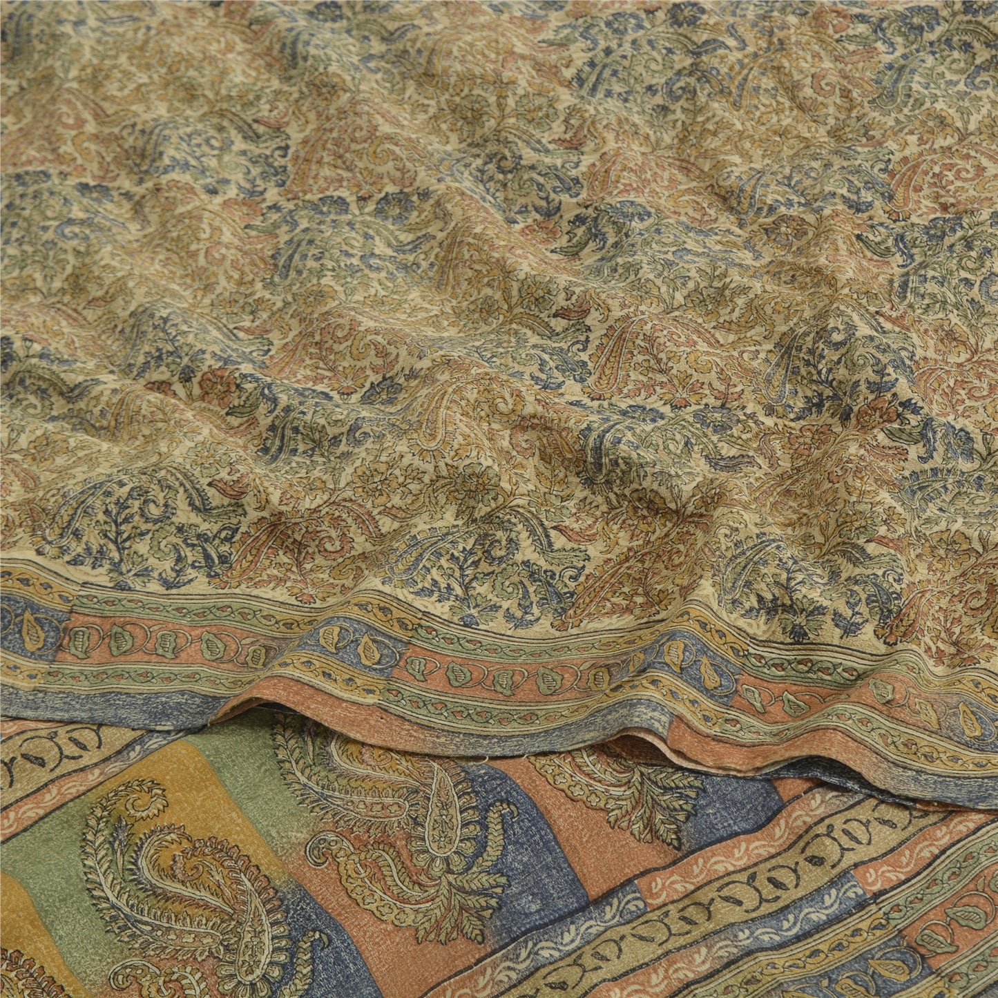 Sanskriti Vintage Sarees Cream Pure Crepe Silk Printed Sari 5yd Craft Sustainable Fabric