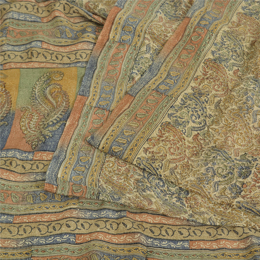 Sanskriti Vintage Sarees Cream Pure Crepe Silk Printed Sari 5yd Craft Sustainable Fabric