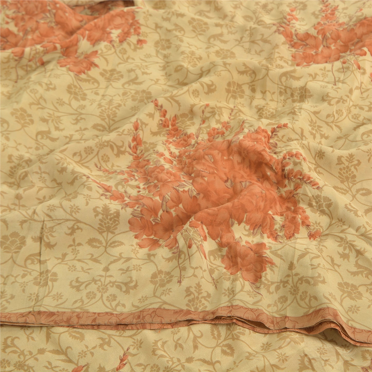 Sanskriti Vintage Sarees Cream/Orange Pure Crepe Printed Sari 5yd Craft Sustainable Fabric