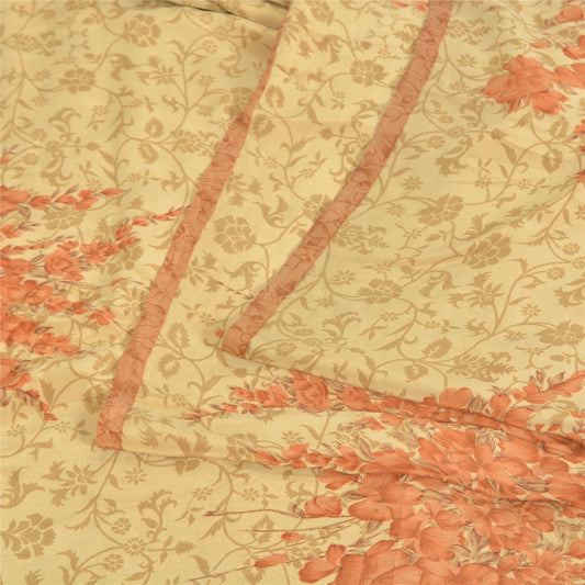 Sanskriti Vintage Sarees Cream/Orange Pure Crepe Printed Sari 5yd Craft Sustainable Fabric