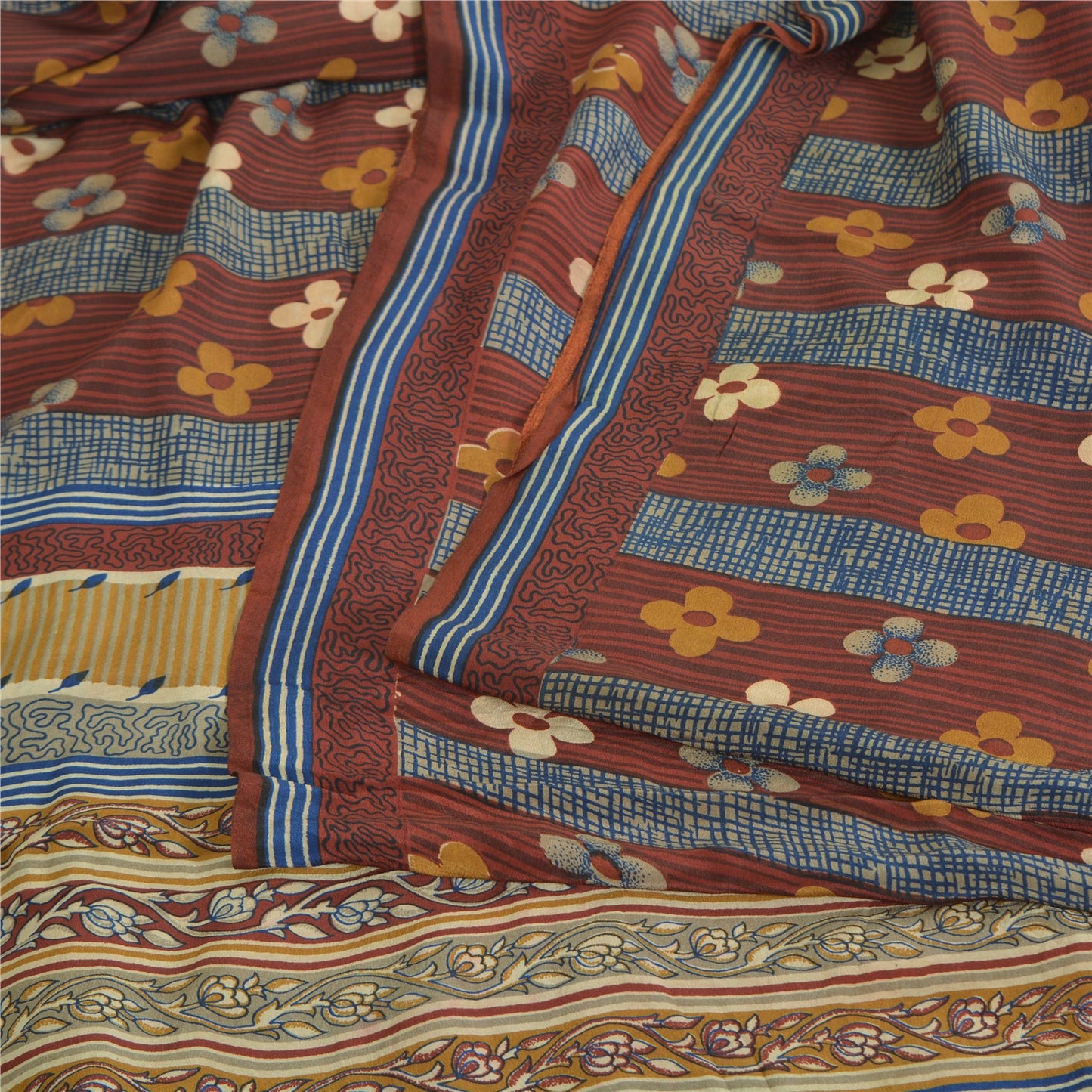 Sanskriti Vintage Sarees Dark Red Pure Crepe Silk Printed Sari 5yd Craft Sustainable Fabric