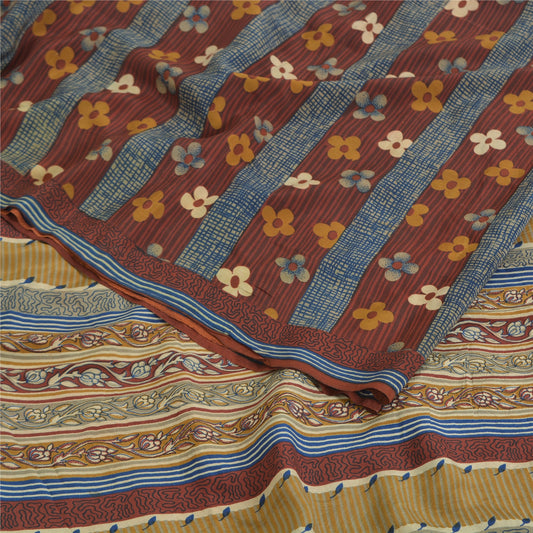 Sanskriti Vintage Sarees Dark Red Pure Crepe Silk Printed Sari 5yd Craft Sustainable Fabric