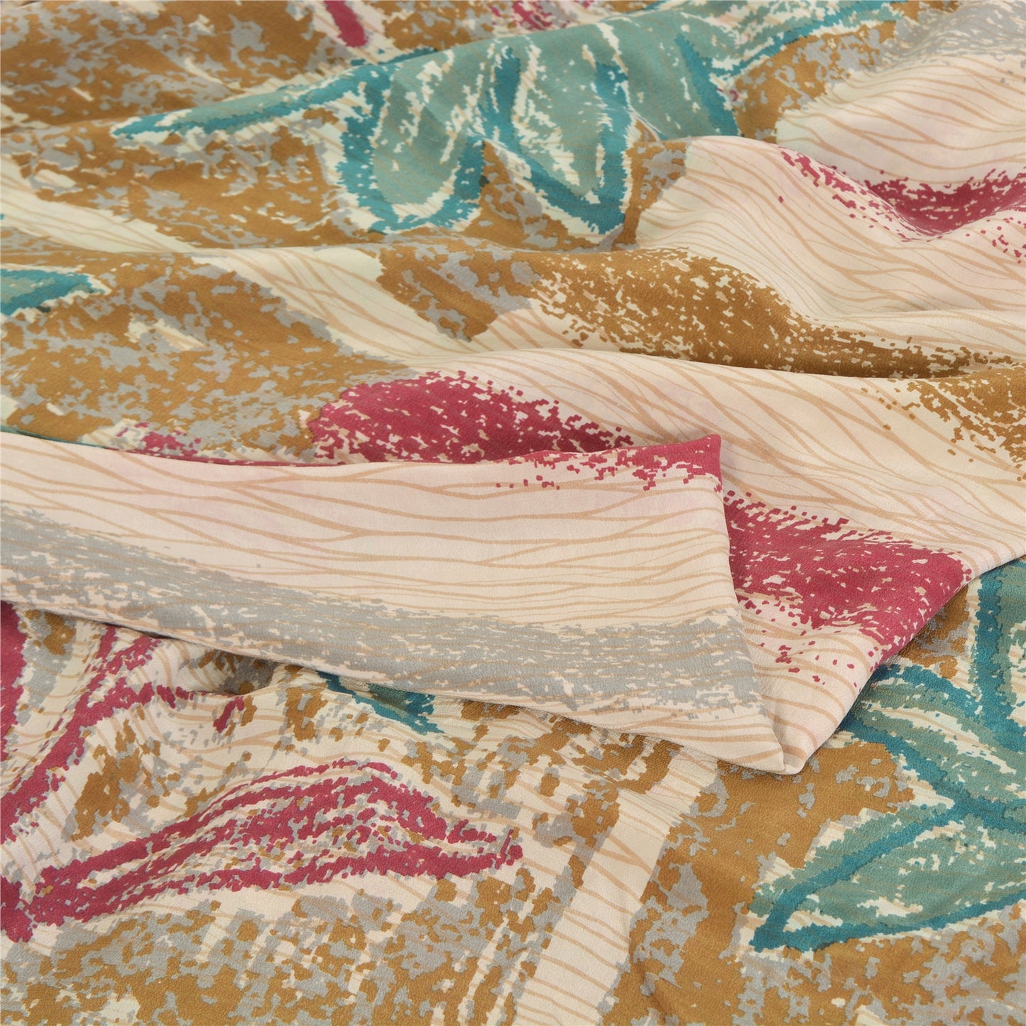 Sanskriti Vintage Sarees Ivory Pure Crepe Silk Printed Sari Floral Craft Sustainable Fabric