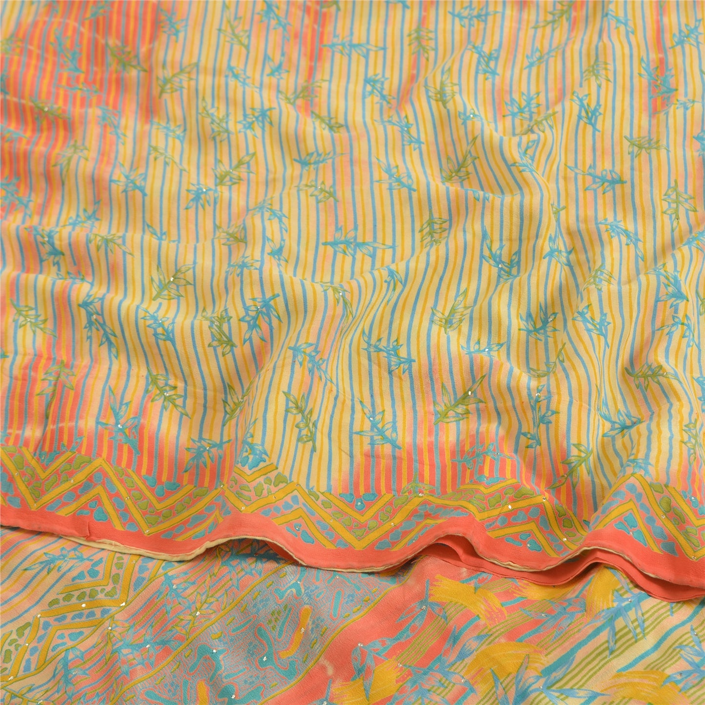 Sanskriti Vintage Sarees Cream 100%Pure Crepe Silk Printed Sari 5yd Craft Sustainable Fabric