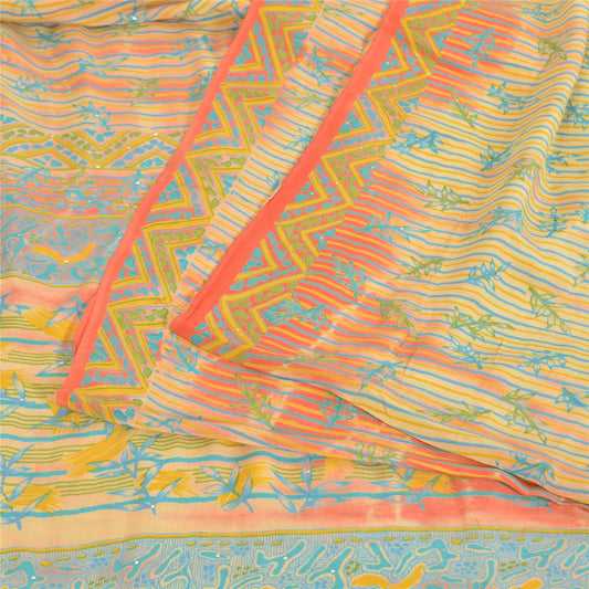 Sanskriti Vintage Sarees Cream 100%Pure Crepe Silk Printed Sari 5yd Craft Sustainable Fabric
