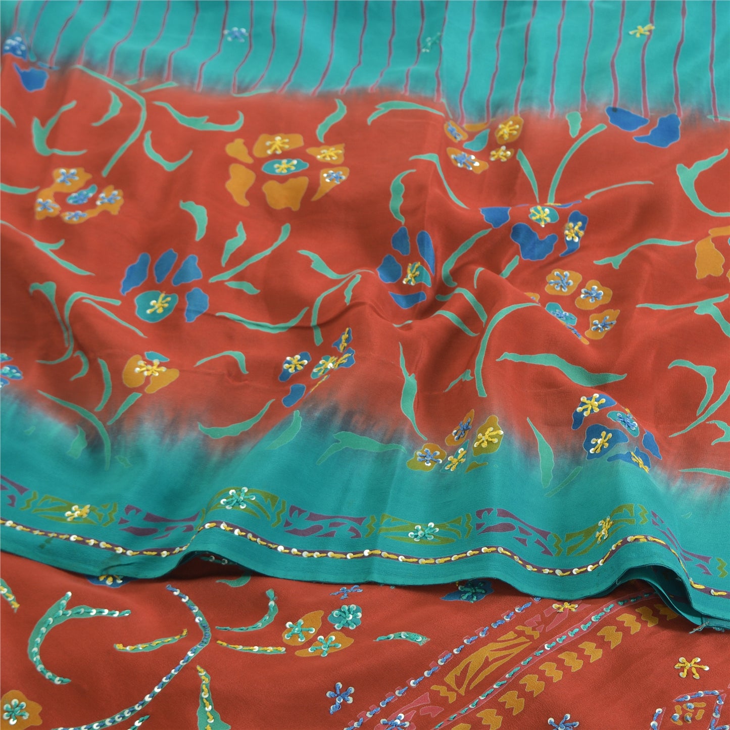 Sanskriti Vintage Sarees Blue Embordered Pure Crepe Print Sari 5yd Craft Sustainable Fabric