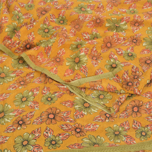 Sanskriti Vintage Sarees Mustard Pure Crepe Silk Printed Sari 5yd Craft Sustainable Fabric