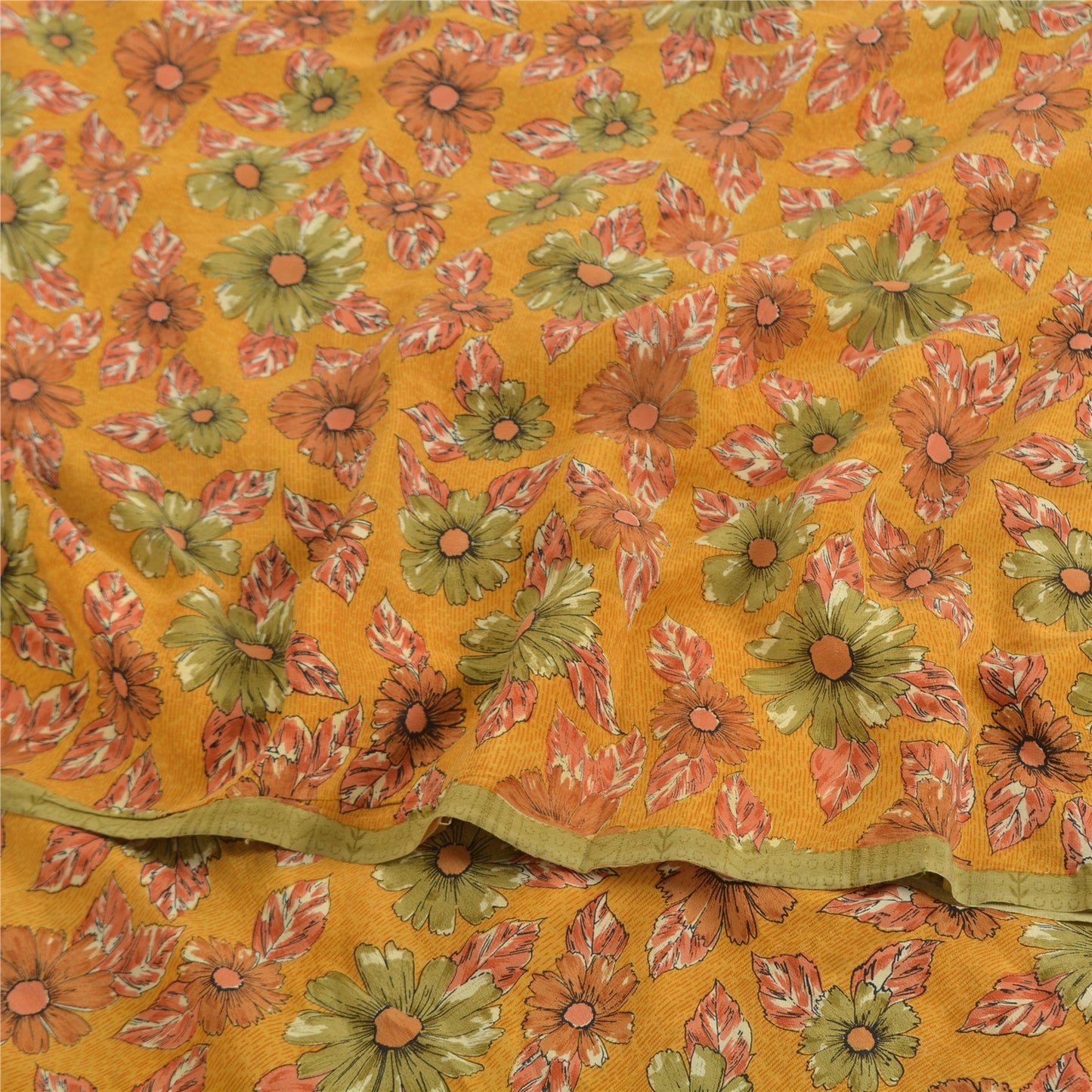 Sanskriti Vintage Sarees Mustard Pure Crepe Silk Printed Sari 5yd Craft Sustainable Fabric