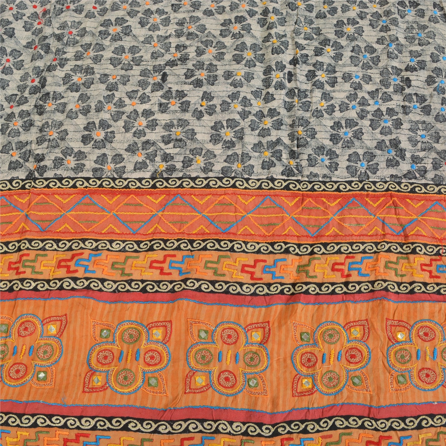 Sanskriti Vintage Sarees Gray Embroidered Pure Crepe Print Sari 5yd Craft Sustainable Fabric