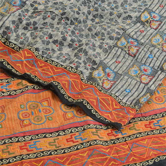 Sanskriti Vintage Sarees Gray Embroidered Pure Crepe Print Sari 5yd Craft Sustainable Fabric