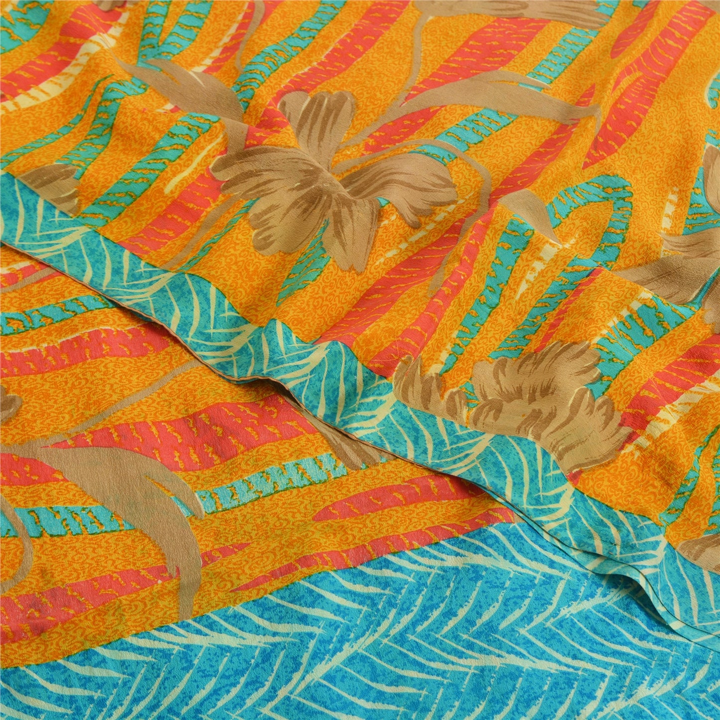 Sanskriti Vintage Sarees Saffron/Blue Pure Crepe Silk Printed Sari 5yd Sustainable Fabric
