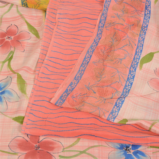 Sanskriti Vintage Sarees Coral Pure Crepe Silk Printed Sari 5yd Craft Sustainable Fabric