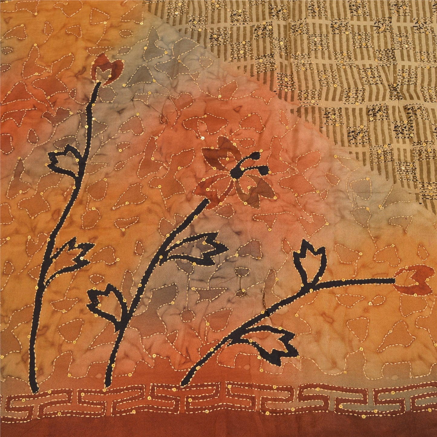 Sanskriti Vintage Sarees Pure Crepe Hand Beaded Kantha Printed Sari 5yd Sustainable Fabric