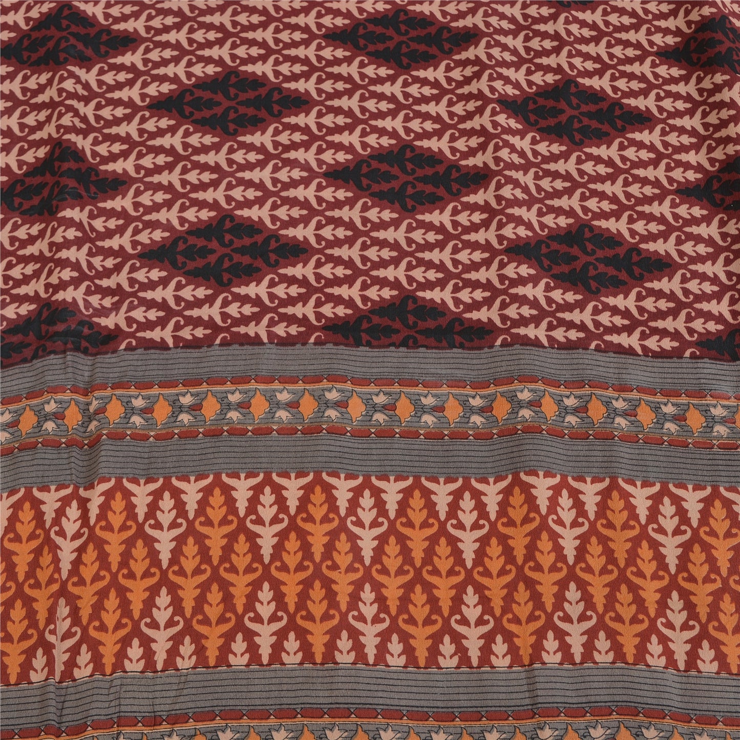 Sanskriti Vintage Sarees Dark Red Pure Crepe Silk Printed Sari 5yd Craft Sustainable Fabric